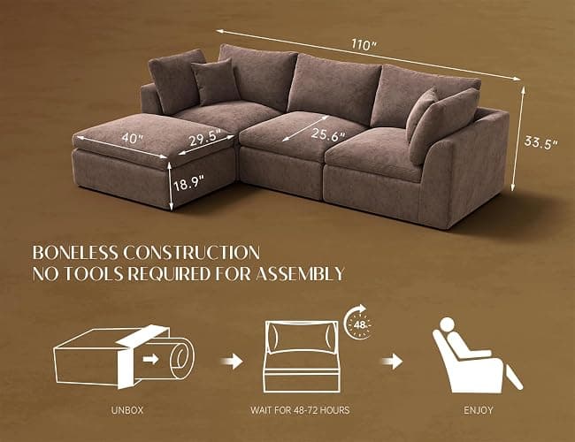 ohllob 110" Cloud Sectional Couches for Living Room, Boneless L-Shape Couch with Ottoman, 3 Seater Modular Sectional Sofa, Brown thumbnail 2