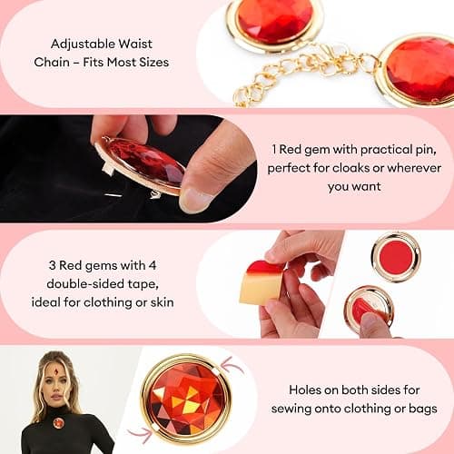 Red Gem Waist Belt - Adjustable Rhinestone Chain Belt for Women, Anime Cosplay Stone Waist Chain Set Halloween Costume Jewelry Props Accessories for Dress Up Party thumbnail 3
