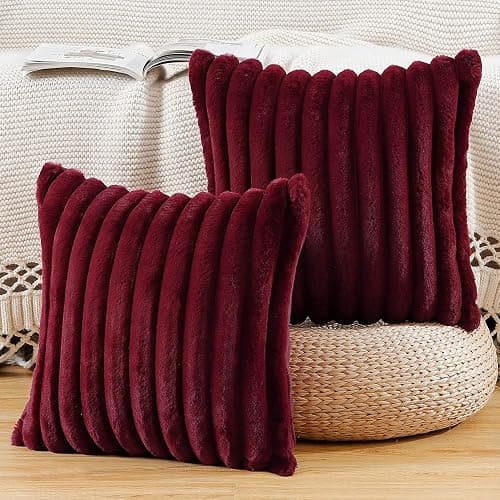 Madizz Set of 2 Faux Fur Plush Decorative Throw Pillow Covers 24x24 inch, 60x60 cm, Burgundy Fluffy Striped Soft Decorative Cushion Cover for Sofa Bedroom Pillow Shell - Image 1