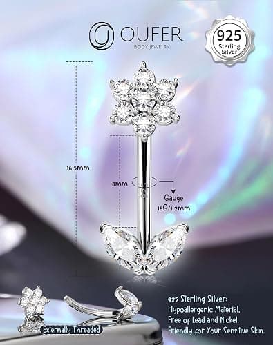 OUFER 925 Sterling Silver Rook Piercing Jewelry, Flower Eyebrow Rings, Silver Curved Barbells 16G, Daith Rook Earrings for Women -8MM thumbnail 4