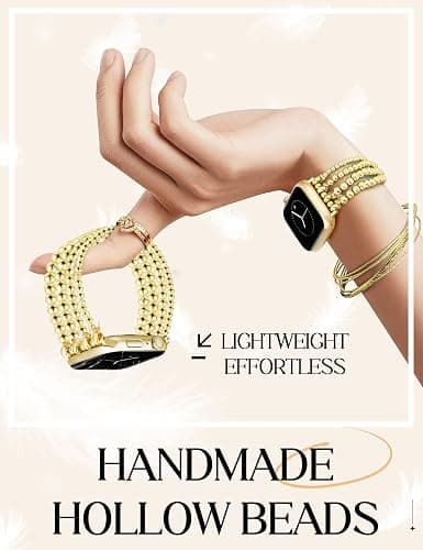 JR.DM Gold Beaded Bracelet Bands Women Compatible with Apple Watch 40mm 42mm(S10/11) 41mm 38mm Dressy Fancy Stretchy Elastic Jewelry Strap Replacement for iWatch Series 11/10/9/8/7/6/5/4/3/2/1/SE thumbnail 5