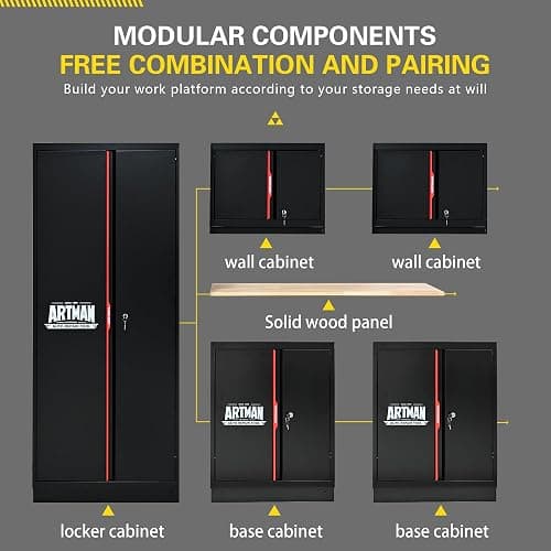 S.Walt Pre-Assembled Garage Storage Cabinet System, No Assembly Required, 6-Piece Workshop Cabinet Set in Black & Red with LED Lights, Wood Worktop, Key Locks, Adjustable Doors and Legs thumbnail 3