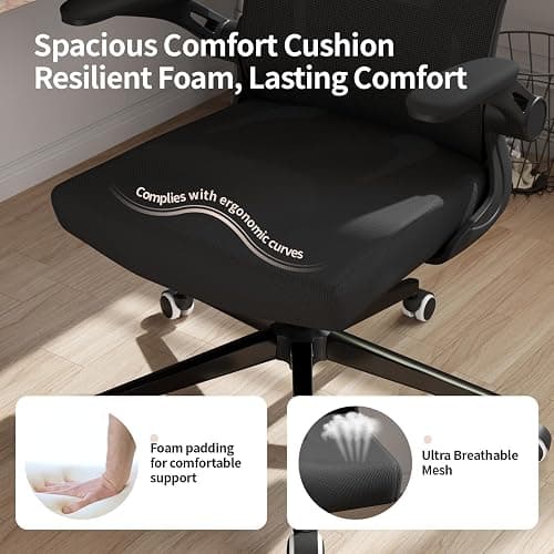Monhey Office Chair Ergonomic Desk Chair with Lumbar Support&Headrest&Flip-up Arms Height Adjustable Rocking Swivel High Back Computer Chair Black Mesh Study Chair (03All Black) thumbnail 5