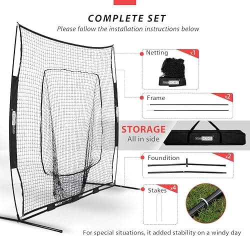 VIVOHOME Baseball Softball Batting Net - 7x7 Ft Baseball Backstop, Softball Practice Net for Hitting, Pitching, Throwing with Batting Tee and Carry Bag - 7 x 7 ft Black Net with Tee thumbnail 5