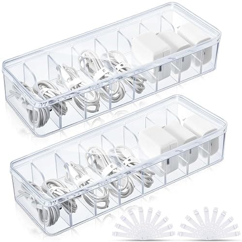 Tatuo 2 Pcs Cable Organizer Box with Wire Ties, Plastic Cord Storage Box with Lid, Electronics Organizer for Home Office Desk Organizers and Accessories (Clear) - Image 1