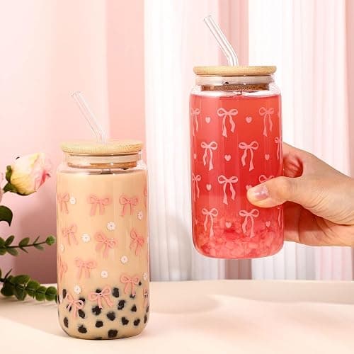2 Pcs Coquette Cute Pink Bow Glasses Cups, 16 oz Aesthetic Iced Coffee Cup with Lids Brush and Straws Girly Preppy Design Tumbler Mug, Cute Coffee Cups for Teen Girls Women Trendy Gift Preppy Stuff thumbnail 2