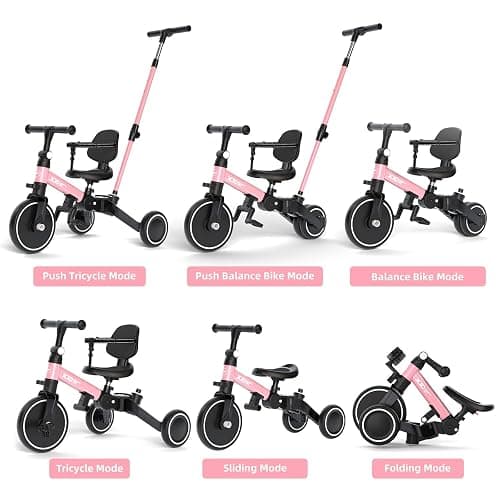XJD Toddler Bike, 6 in 1 Folding Toddler Tricycle for 1-4 Year Old with Parental Control Handle, Balance Bike with Removable Pedal, Backrest, Adjustable Seat, First Christmas Birthday Gifts (Pink) thumbnail 4