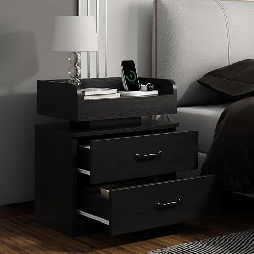 4ever2buy Black Nightstand with Charging Station and LED Lights | 2 Drawer Night Stand for Bedroom, Modern Bedside Tables End Table for Living Room thumbnail 5