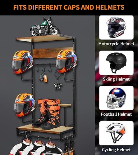 NANXITU Motorcycle Helmet Rack Wall Mount, Retro Rust Helmet Holder with Wood Floating Shelf and Hooks for Storage thumbnail 3