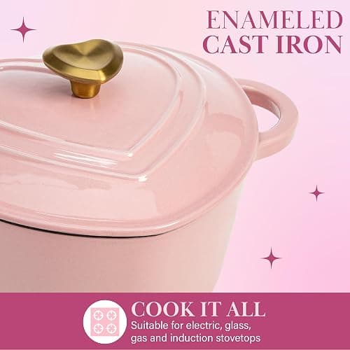 Paris Hilton Enameled Cast Iron Dutch Oven Heart-Shaped Pot with Lid, Dual Handles, Works on All Stovetops, Oven Safe to 500°F, 4-Quart, Pink thumbnail 4