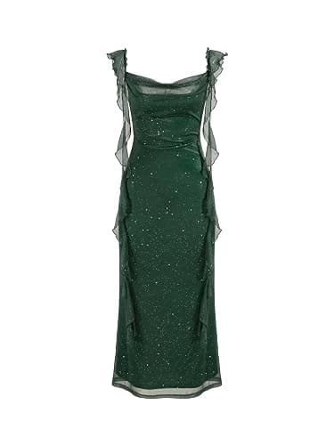 CIDER Summer Maxi Dress Wedding Guest Cowl Neck Glitter Ruffle Hem Bodycon Party Slim Formal Sleeveless Dress - Image 1