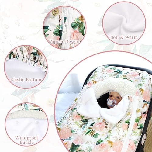 DILIMI Car Seat Covers for Babies, Winter Baby Car Seat Cover, Infant Car Seat Canopy for Girls Boys, Warm Windproof Carseat Canopy for Newborn, Pink Floral thumbnail 4