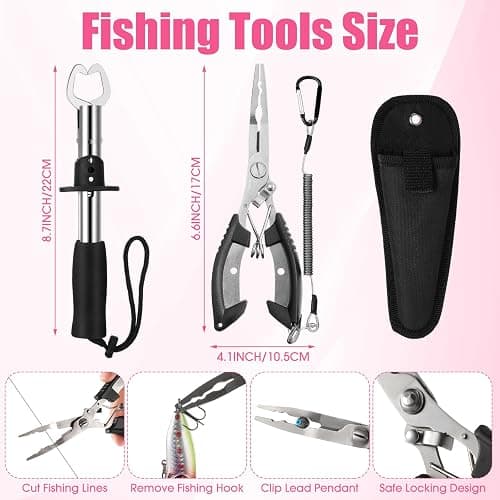 RoundFunny 3 Layers Fishing Tackle Box 414 Pcs Fishing Lures Kit with Tackle Included, Pliers, Lip Gripper, Soft Baits, Hooks & Accessories Bait Lure Gear Gift for Beginners Women Men(Pink) thumbnail 3