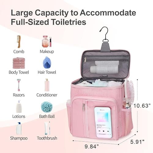 F-color Shower Caddy Portable for College Dorm Essentials - Large Hanging Sturdy Handle Toiletry Tote Bag with Hook, Multiple Pockets, Quick Dry Organizer for Camping, Travel, Gym, Pink thumbnail 2