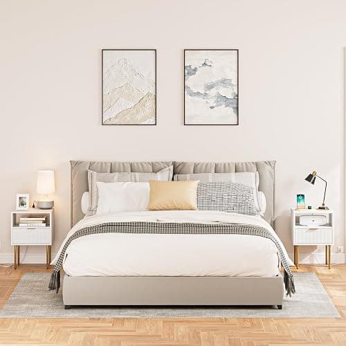 AEPOALUA Nightstand with Charging Station,Morden Bedside Table with Gold Frame,Small White Night Stand,End Table,Bedside Furniture,Side Table with Drawer and Shelf for Bedroom,Living Room thumbnail 8