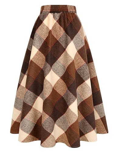 IDEALSANXUN Womens Plaid Wool Skirts Elastic Waist A-Line Pleated Tartan Long Skirts thumbnail 3