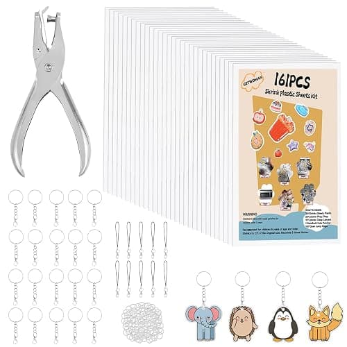 CRTWDMAN 161 Pcs Shrink Paper Keychain Kit,with 30 Pcs Shrinky Plastic Sheets 7.9"x5.7",Hole Punch,Lobster Clasps,Jump Rings DIY Crafts for Adults and Teens - Image 1