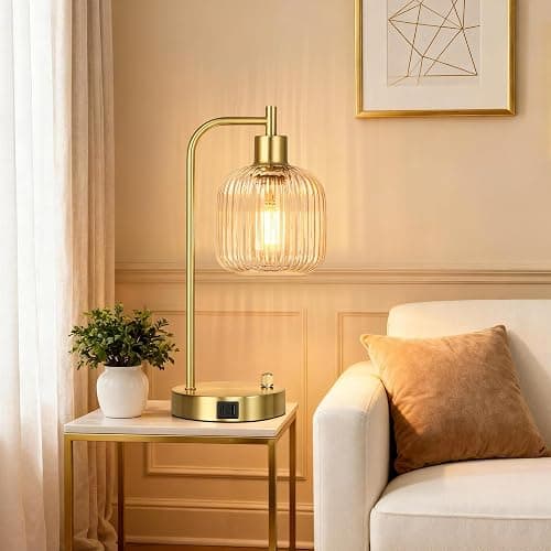QiMH Industrial Table Lamp for Bedroom Set of 2, Clear Glass Beside Lamp with USB A&C Ports, Stepless Dimmable Gold Lamps, Nightstand Lamps for Living Room, Office, Home Decor(Bulb Included) thumbnail 6