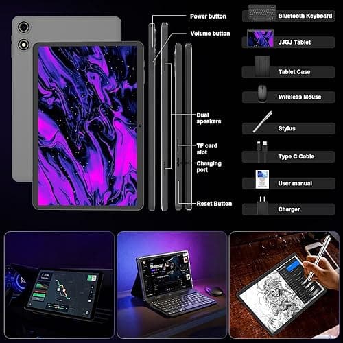 JJGJ 2025 Android 15 Tablet 10 Inch, 26GB+256GB+2TB Expand, 2 in 1 Tablets with Keyboard Case Mouse Stylus, 8000mAh Battery, Octa-Core, Dual Camera, Supports Widevine L1, 5G WiFi, GPS（Black Case） thumbnail 8