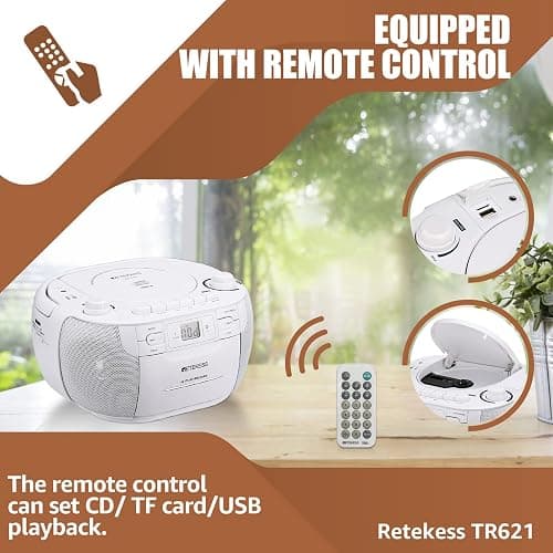 Retekess TR621 CD and Cassette Player Combo, Boombox CD Player for Home, AM/FM, Tape Recording, TF/USB Drive, AC or D Battery Powered, Headphone Jack, Stereo Sound (White) thumbnail 3