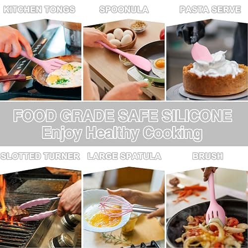 Umite Chef 22-Piece Silicone Cooking Utensils Set, Heat Resistant & Dishwasher Safe Kitchen Tools, Non-Scratch Spatula Set for Nonstick Cookware (Pink) thumbnail 7