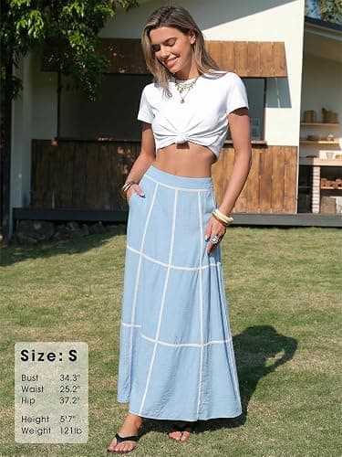 EXLURA Womens Boho Maxi Skirts Summer Flowy Faux Linen Long Skirts Pockets | Grid, A line, High Elastic Waist, Plaid, Dressy Casual Work Skirts, Beach Vacation, Resort Wear, Office, Teacher Outfits thumbnail 6