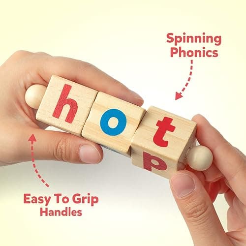 Coogam Wooden Reading Blocks Short Vowel Rods Spelling Games, Flash Cards Turning Rotating Letter Puzzle for Kids, Sight Words Montessori Spinning Alphabet Learning Toy for Preschool Boys Girls thumbnail 3