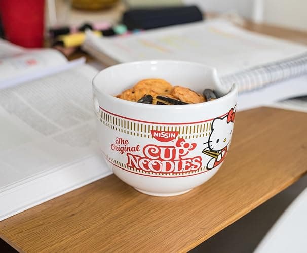 Hello Kitty Cup Noodles Japanese Ceramic Dinnerware Set | Includes 20-Ounce Ramen Bowl and Wooden Chopsticks | Asian Food Dish Set For Home Kitchen | Kawaii Anime Gifts, Official Sanrio Collectible thumbnail 4