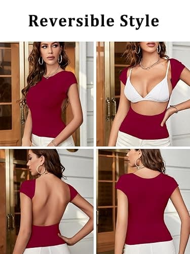 ForeFair Women Sexy Backless Short Sleeve Slim Fit Crewneck Summer Casual Y2K Crop Tee thumbnail 2