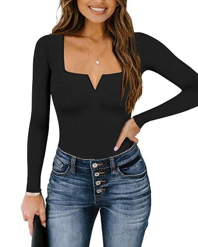 Chunpin Women's Long Sleeve Bodysuit Square Neck Notch V Neck Body Suits Double Lined Going Out Outfits Thong Bodysuits thumbnail 3