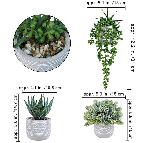 Winlyn Set of 3 Mini Faux Succulent Potted Plants Artificial Aloe Hops String of Pearls Fake Succulents in Gray Geometric Concrete Pots for Home Office Table Shelf Kitchen Living Room Boho Décor thumbnail 3
