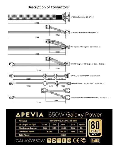 Apevia ATX-GX650W Galaxy 650W 80+ Gold Certified Active PFC ATX Semi-Modular Quiet Gaming Power Supply thumbnail 3