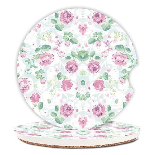 Car Coasters for Drinks Absorbent,2 Pack Cup Holders,2.56" Ceramic Stone & Non-Scratch Cork Base Coasters,Auto Accessories for Women & Men(Pink Flowers). - Image 1