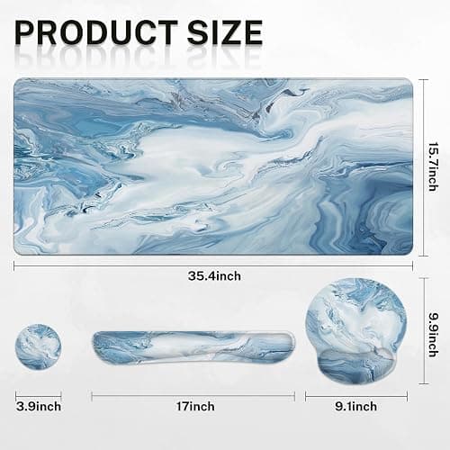 Arttown Blue White Gradient Desk Mat Abstract Ocean Marble Mouse Pad Set 4 in 1 Ergonomic Design Large Mousepad + Keyboard Wrist Rest + Mouse Wrist Rest + Coaster Suitable for Home Office Study Game thumbnail 2