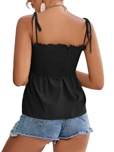 LYANER Women's Cute Summer Tops Tie Shoulder Shirred Ruffle Hem Sleeveless Sexy Cami Blouse Peplum Top thumbnail 2
