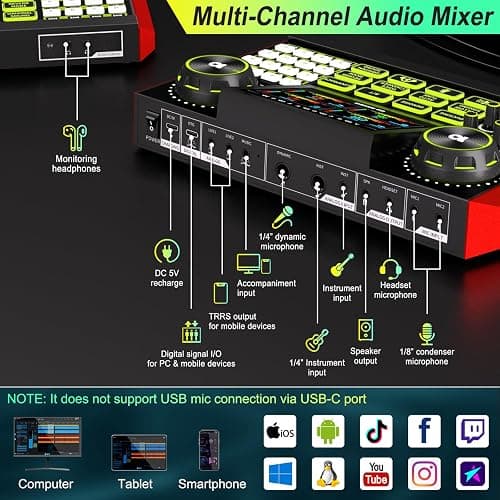 Podcast Microphone Bundle with Live Sound Card Audio Mixer, Podcast Equipment Bundle Sound Board with 3.5mm Condenser Microphone for Pc/Phone Live Streaming Singing Gaming,Voice Changer, Denoise thumbnail 7
