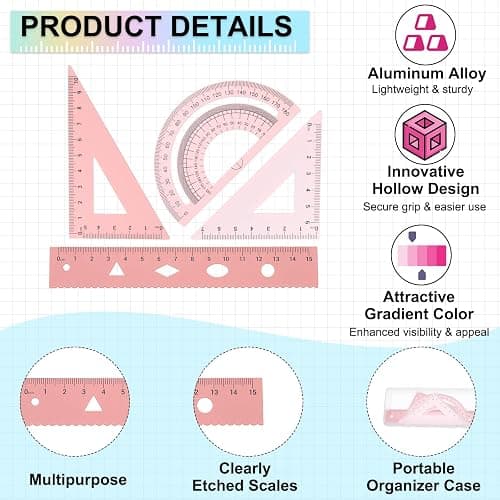 PATIKIL Geometry Set, 6 Inch Aluminum Ruler & 2 Triangles, Metal Protractor Ruler Math Drafting Measuring Tool for Home Office Math Drawing Engineering Art,Gradient Pink thumbnail 4