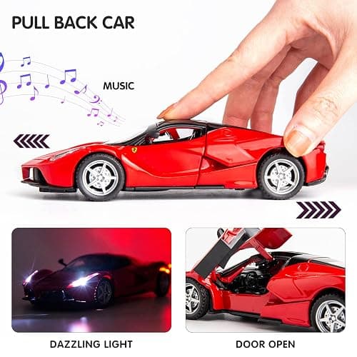 BDTCTK 1:32 Farrari Car Model Pull Back Car with Sound and Light for Kids Boy Girl, Metal Body Door Opened Red - Red thumbnail 6