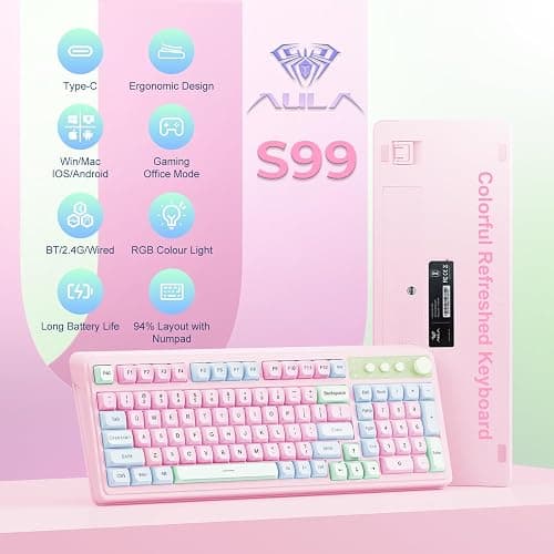 AULA 99 Key Keyboard, Wireless Gaming Keyboard Bluetooth Computer Keyboards Creamy Cute with Number Pad RGB Backlit Tri-Mode BT/2.4GHz/USB-C - Pink thumbnail 2