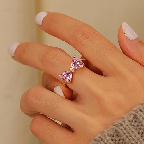AIBELOPY Pink Bow Rings for Women 925 Sterling Silver 14K Gold Plated Cute Dainty Cubic Zirconia Promise Rings for Her Open Adjustable Stackable Rings Jewelry Birthday Mothers Day Gifts for Her thumbnail 4