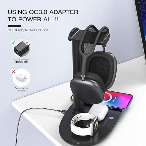 Headphone Stand with 15w Wireless Charger, Suguder 4 in 1 Charging Station Headset Holder for AirPods Max/Pro/4/3/2 iWatch 10/9/8/7/6/5/4/3/2/1/SE iPhone 16/15/14/13/12/11/X for Desktop Table Game thumbnail 6