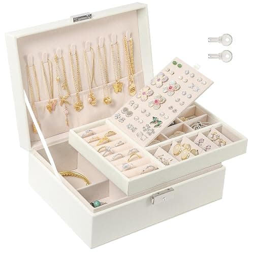 WRSION Jewellery Box Organiser, 2 Layer Jewelry Organizer with 2 Keys, Large PU Leather Jewelry Storage Case with Removable Tray for Rings Earrings Necklace, Jewellery Box for Women Girls (White) - Image 1