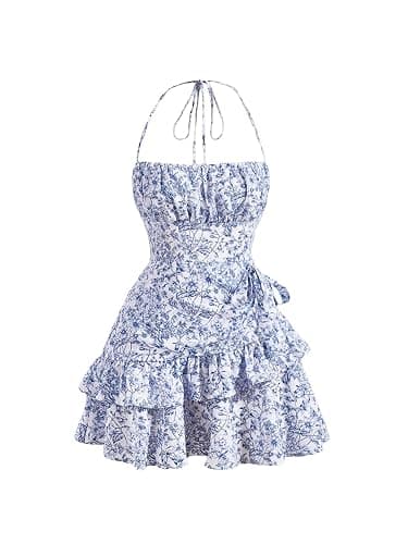 Floerns Women's Floral Halter Ruffle Tiered Cute Summer Mini Dress Milkmaid Vacation Sundress - Image 1