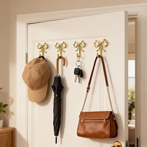 Frstem 4 Pack Gold Bow Wall Hook,Metal Hooks,Wall Mounted Functional Hooks,Multi-Purpose Door Hanger,Bow Wall Hooks Decorative for Coat Hat Towel Bags & Christmas Decor thumbnail 4