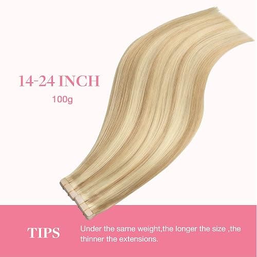 GOO GOO Tape in Hair Extensions Human Hair, 18A/613A Dark Blonde Highlighted Bleach Blonde, 20inch 100g 40pcs, Skin Weft Seamless Invisible, Silky Straight with Thick Ends, Remy Human Hair thumbnail 7