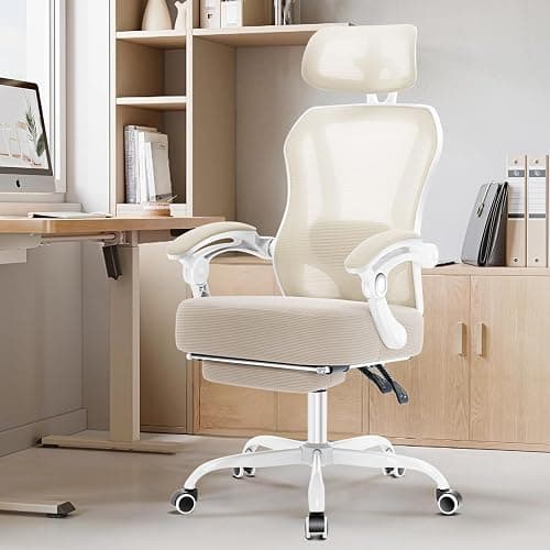 Ergonomic Office Chair with Footrest,Ultra Thick Reclining Desk Chair with Adjustable 2D Lumbar Support and Headrest,Spring Cushion,High Back Premium Mesh Computer Chair,Cream thumbnail 8