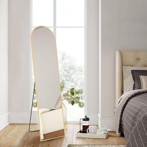 DUMOS Arched Full Length Mirror with Stand Floor Standing Aluminum Frame for Bedroom Body Hanging Leaning Modern Simple Home Decor Shatter-Proorf Nano Glass Wall Living Room Cloakroom Gold 59.1"x15.8" thumbnail 3