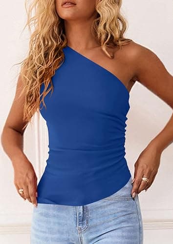 PRETTYGARDEN Womens 2025 Summer Y2K Tops Sleeveless One Shoulder Slim Fit Shirts Ruched Knit Asymmetrical Top Blouse thumbnail 5