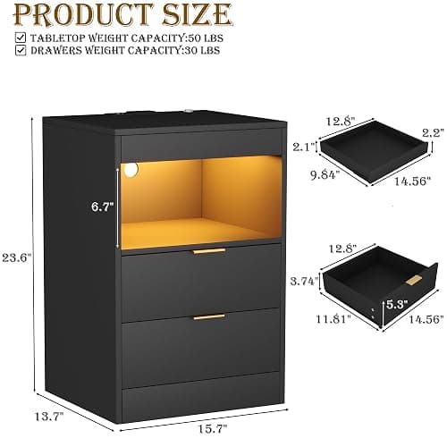 Yusong LED Nightstand Bedside Table with Charging Station 2 Drawers, Black Modern Sofa Couch End Side Table with Lights, Invisible Lock and Pull-Out Shelf for Bedroom Living Room thumbnail 2