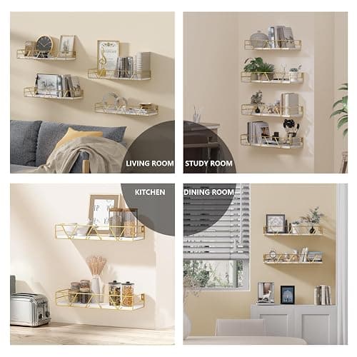 Amaoot Floating Shelves Set of 3, Home Wood Wall Shelf, Farmhouse Shelf for Bedroom, Wall Mounted Floating Shelf for Living Room, Bedroom, Bathroom, Kitchen, Office (Gold-4pcs) thumbnail 6